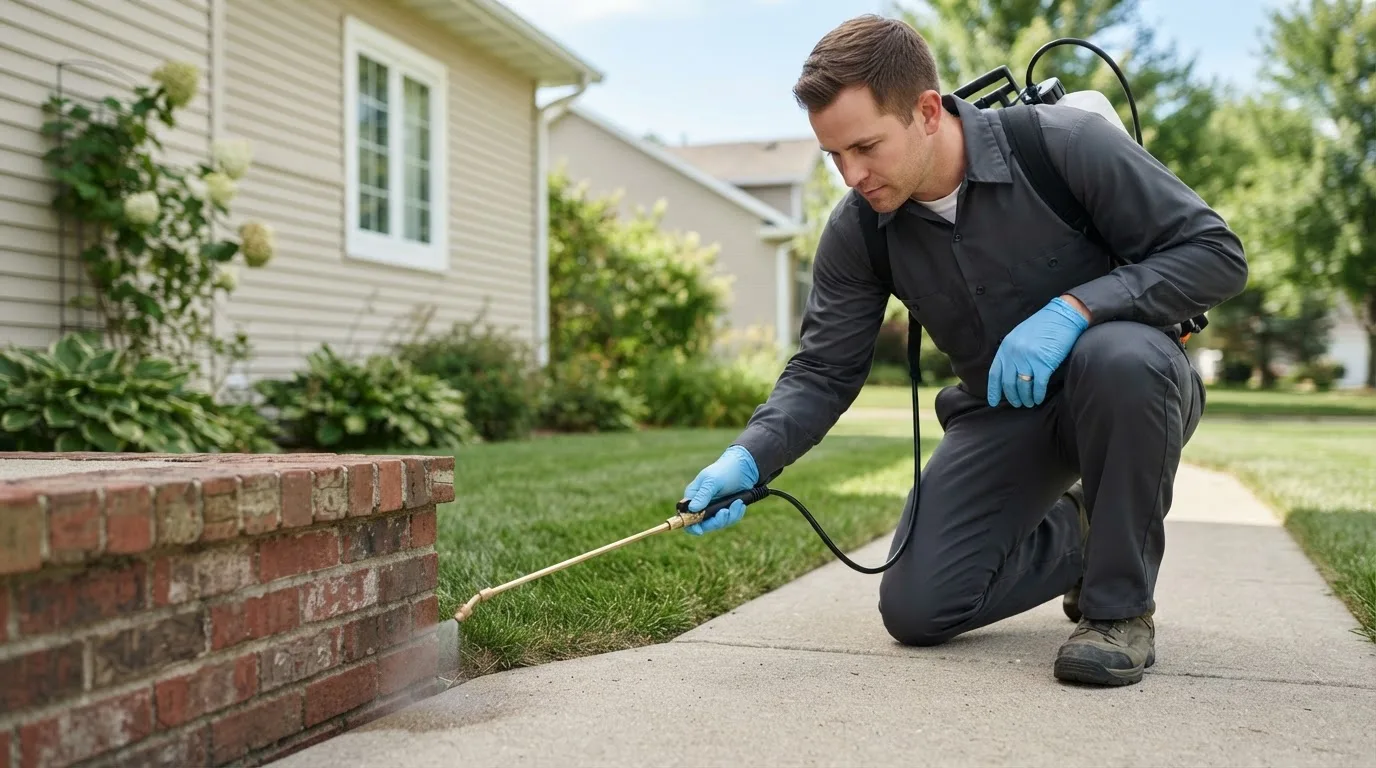 Pest control technician treating a home near Kingsbury, IN